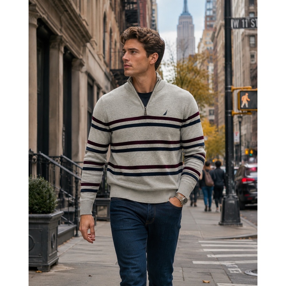 Nautica Mens Gray Striped Quarter Zip Pullover Sweater Size M Navy Burgundy